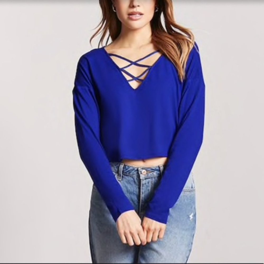 Forever 21 Blue Criss Cross Long Sleeve Oversized Crop Top Blouse Shirt Small
